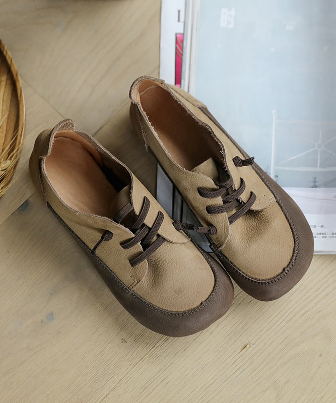 Cross Strap Flat Feet Shoes Apricot Cowhide Leather