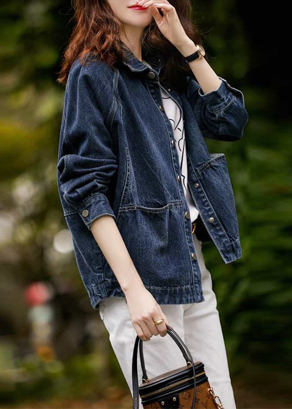Navy Peter Pan Collar Pockets Patchwork Denim Jackets Spring