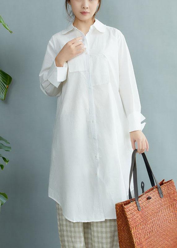 Style White Peterpan Collar Pockets Button Fall Asymmetrical Design Shirt Tops Long Sleeve