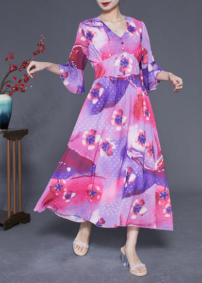 Rose Cinched Patchwork Print Silk Vacation Dress Summer