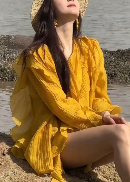 Stylish Yellow V Neck Ruffled Chiffon Shirts Flare Sleeve