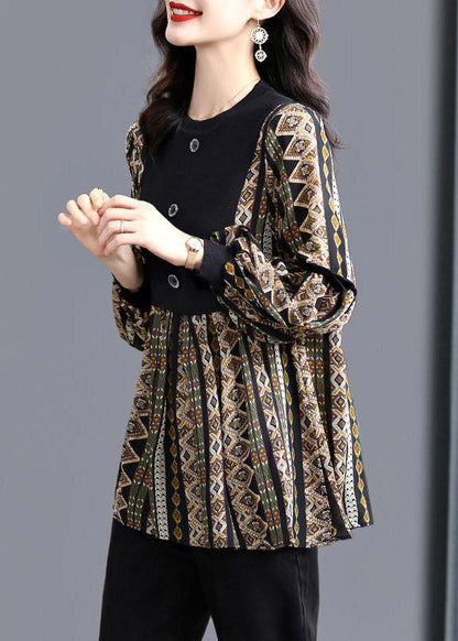 Black O-neck Patchwork Striped Print Shirt Tops Long Sleeve
