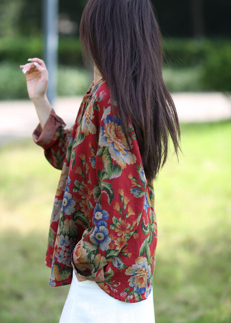 Red Print O-neck Cotton Shirt Top Spring