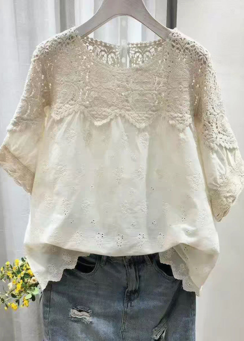 Style Beige O-neck Hollow Out Tops Summer