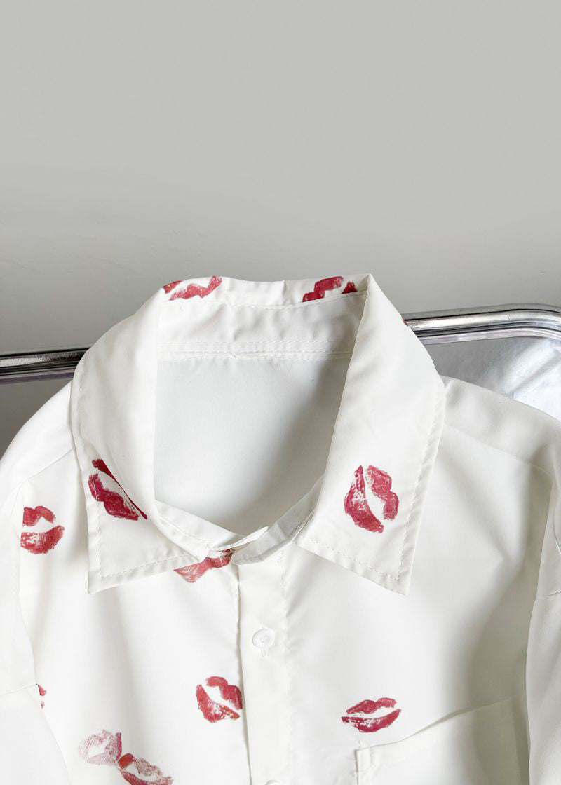 White Peter Pan Collar Print Cotton Tops Long Sleeve
