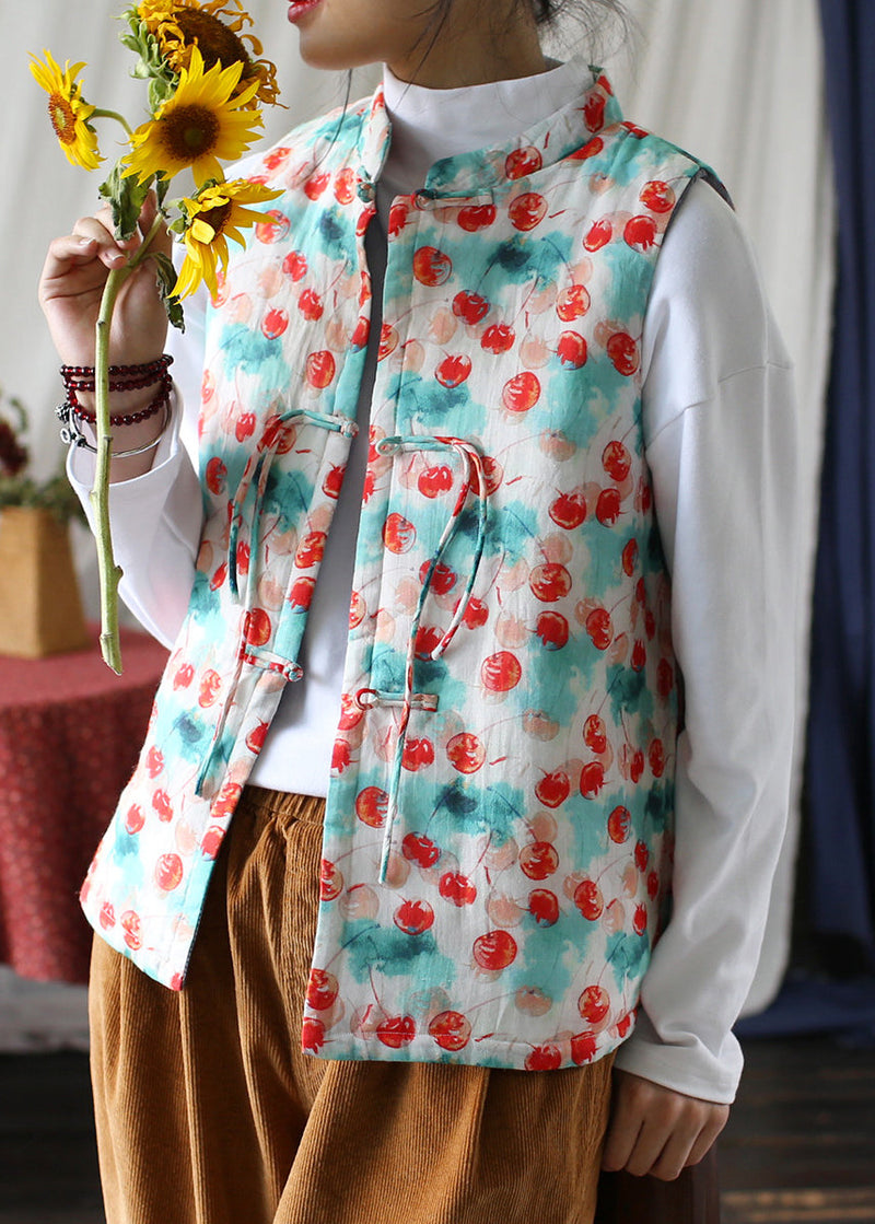 Stand Collar Tasseled Print Fine Cotton Filled Vest Sleeveless