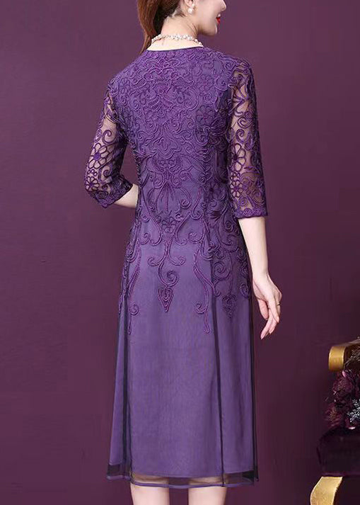 Purple V Neck Lace Patchwork Tulle Dresses Half Sleeve Spring