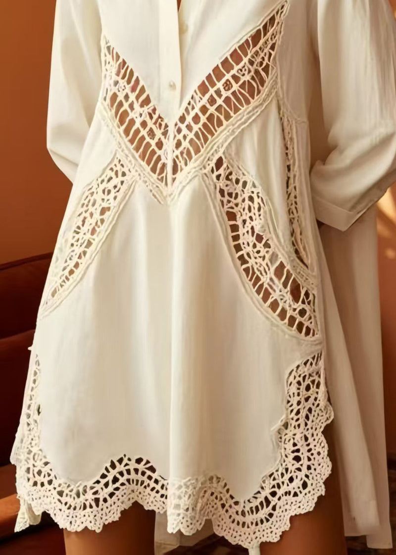 White Oversized Hollow Out Cotton Shirt Dress Spring