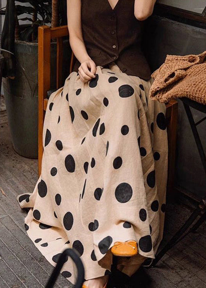 Khaki Dot Print Elastic Waist a Line Cotton Skirt Summer