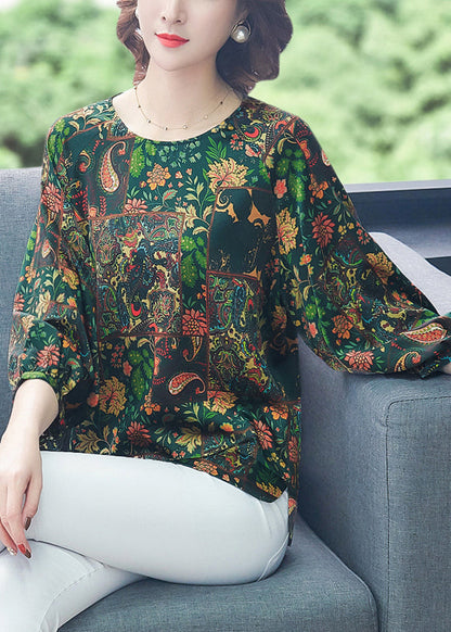 French Green O-neck Oversized Print Silk Top Bracelet Sleeve