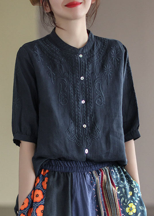 Navy Cotton Shirts Stand Collar Embroideried Half Sleeve