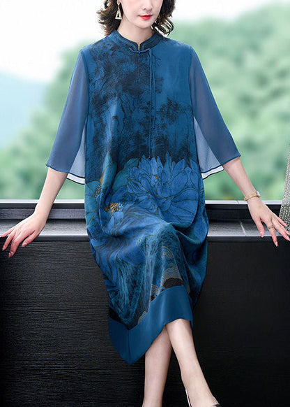Blue Lotus Print Patchwork Silk Dresses Tasseled Stand Collar Summer