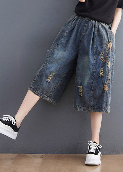Blue Embroidered Hole Crop Jeans