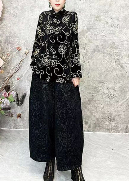 Chinese Style Black O Neck Velour Short Coat Spring