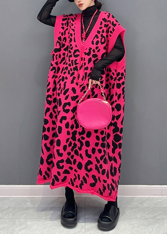 Rose Leopard V Neck Cotton Knit Waistcoat Long Dresses Sleeveless