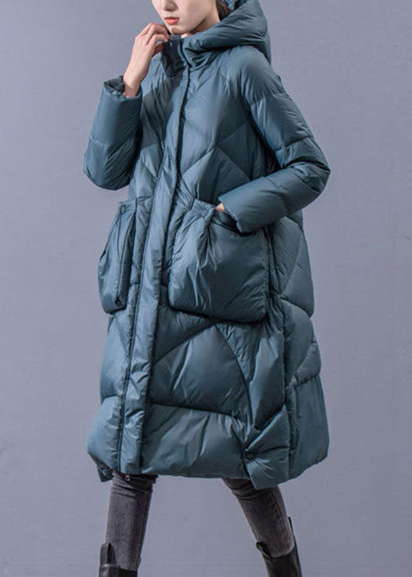 Blue-green Hooded Zippered Oversized Thick Duck Down Puffers Jackets Winter