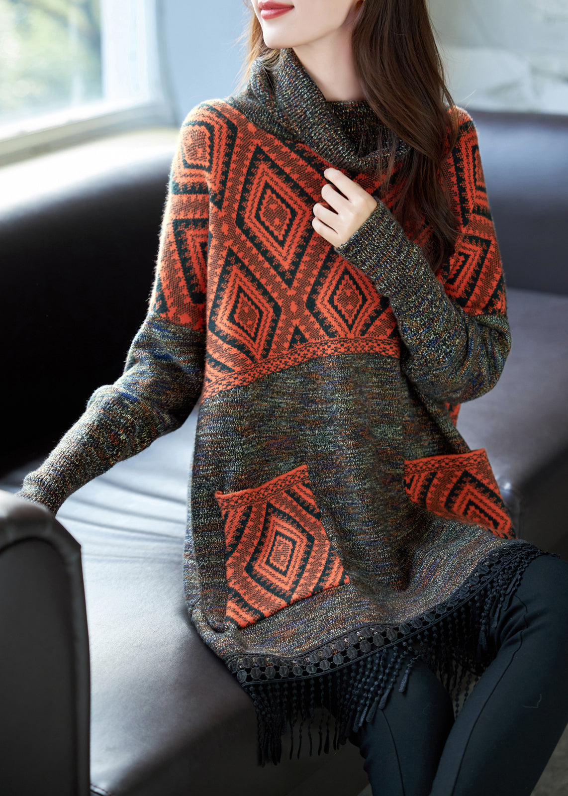 Orange Tasseled Patchwork Knit Dress Spring