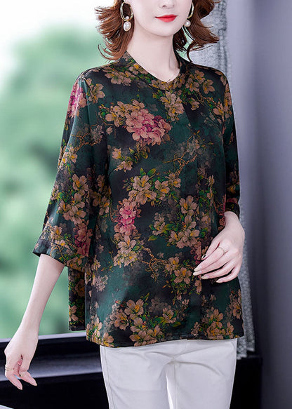 Green Stand Collar Print Silk Shirt Bracelet Sleeve