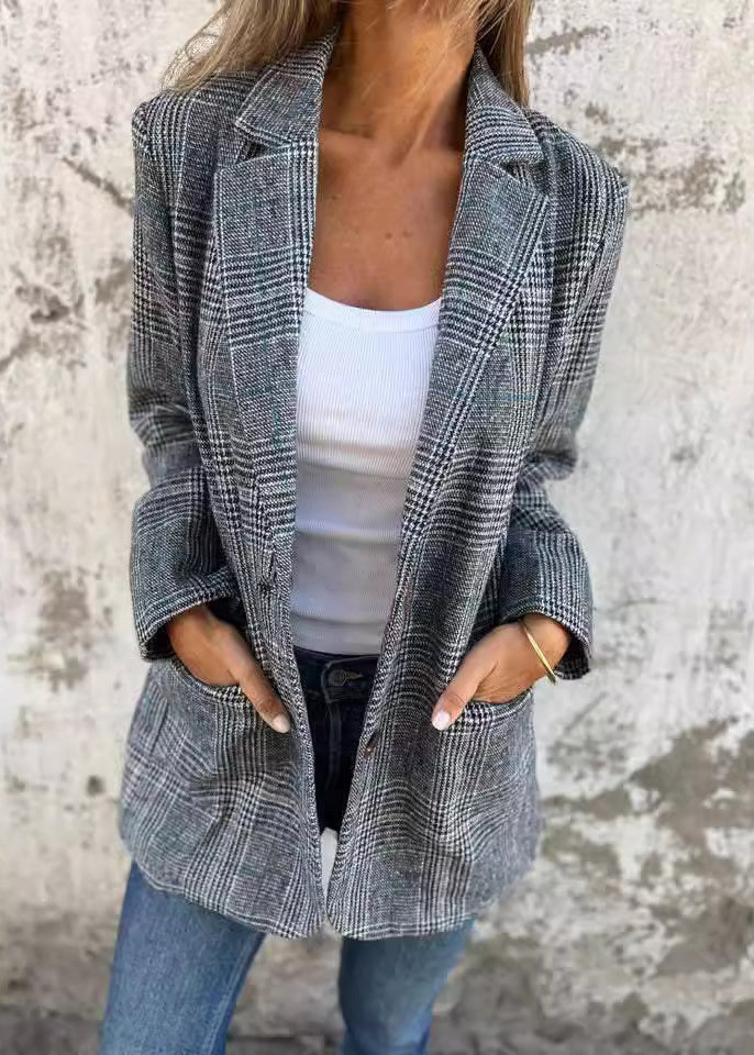 Blue Notched Pockets Plaid Cotton Suit Coats Fall