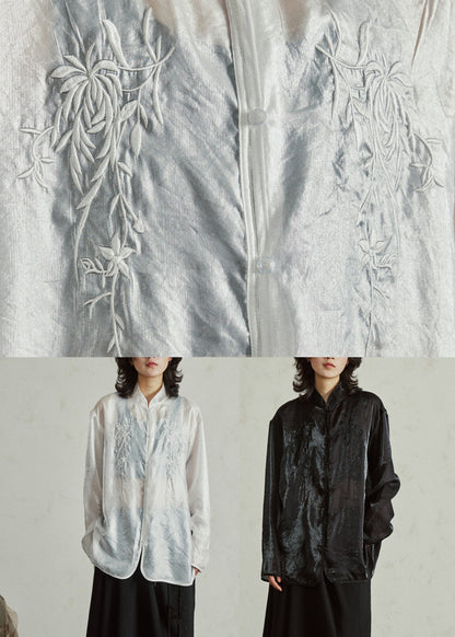 Black Stand Collar Sheer Organza Top Fall