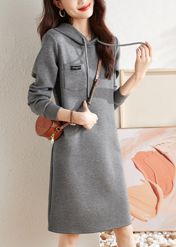 Grey Hooded Lace Up Patchwork Cotton Dress Fall