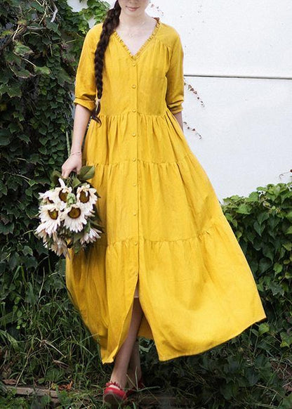 French V Neck Patchwork Spring Dresses Fabrics Yellow Dresses