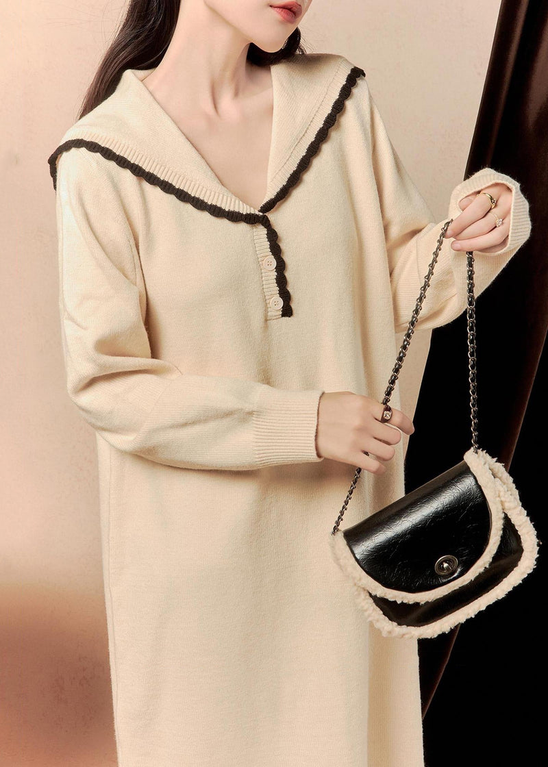 Beige Sailor Collar Button Knit Dress Winter