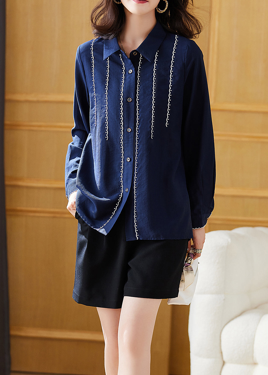 New Navy Peter Pan Collar Button Patchwork Cotton Shirt Top Fall