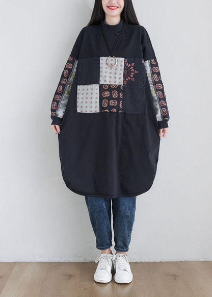 Stylish Black Turtleneck Print Loose Fall Sweatshirts Dress