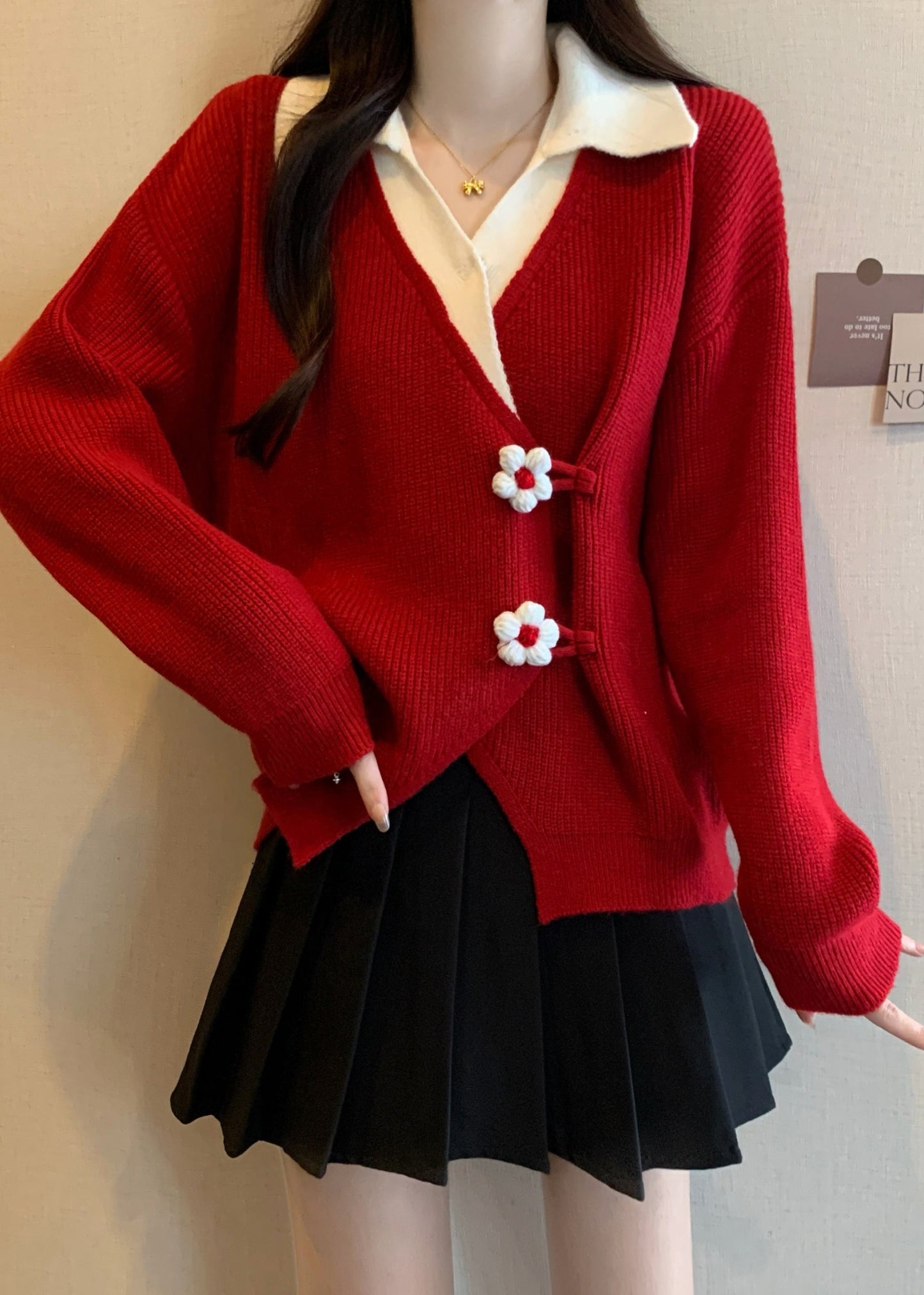 Red Flower Patchwork Knit Fake Two Piece Sweaters Fall