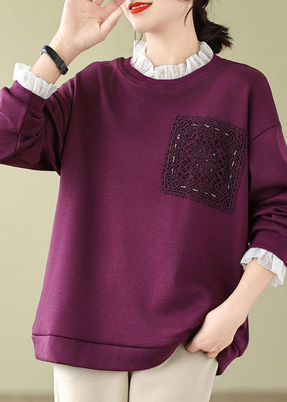 Purple Lace Patchwork Warm Fleece Sweatshirts Spring