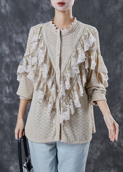 Khaki Patchwork Lace Blouses Ruffled Hollow Out Spring