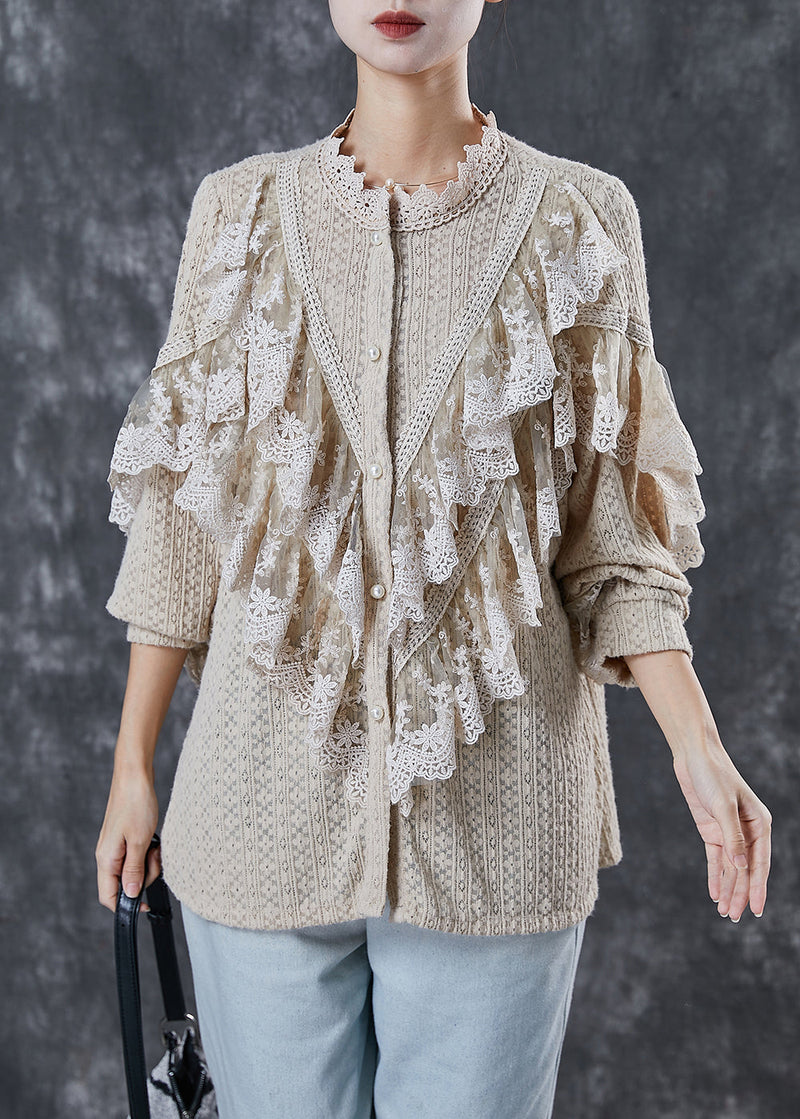 Khaki Patchwork Lace Blouses Ruffled Hollow Out Spring
