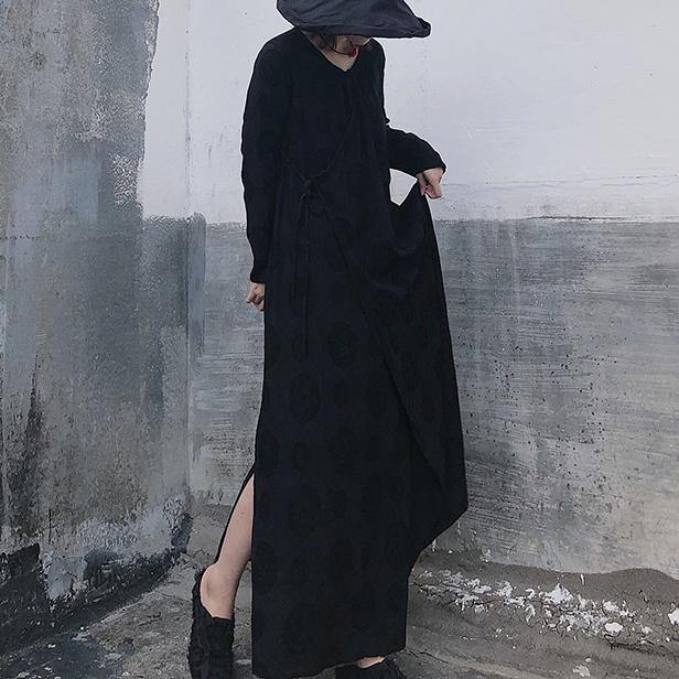 French Black Jacquard Clothes O Neck Tie Waist Long Spring Dress
