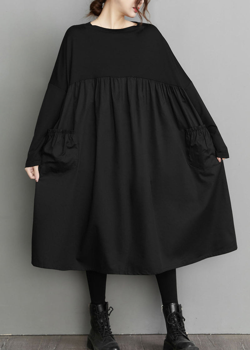 Organic Black Patchwork Wrinkled Pockets Cotton Dresses Spring