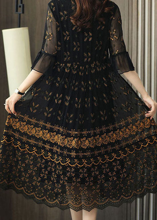 Simple Black Embroideried Patchwork Tulle Maxi Dresses Summer