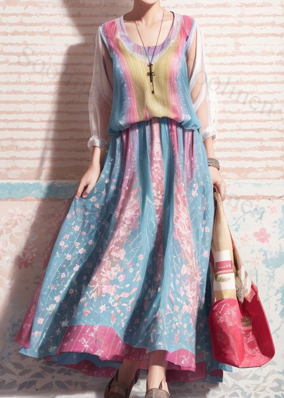 Colorblock Print High Waist Silk Dresses Summer