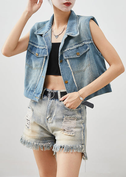 Denim Blue Tasseled Cotton Vests Fall