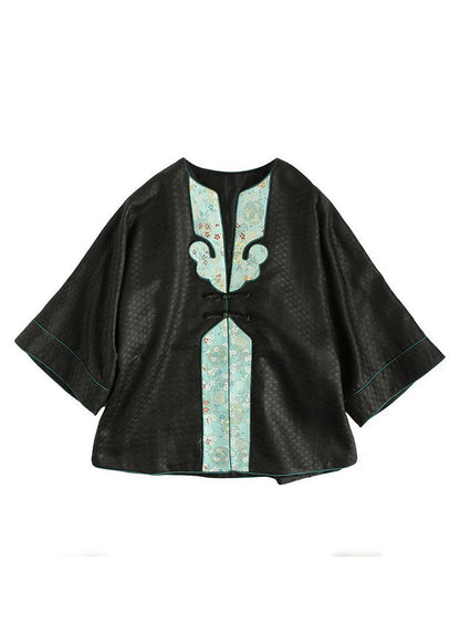 Oriental Black O-neck Embroideried Patchwork Silk Coats Spring