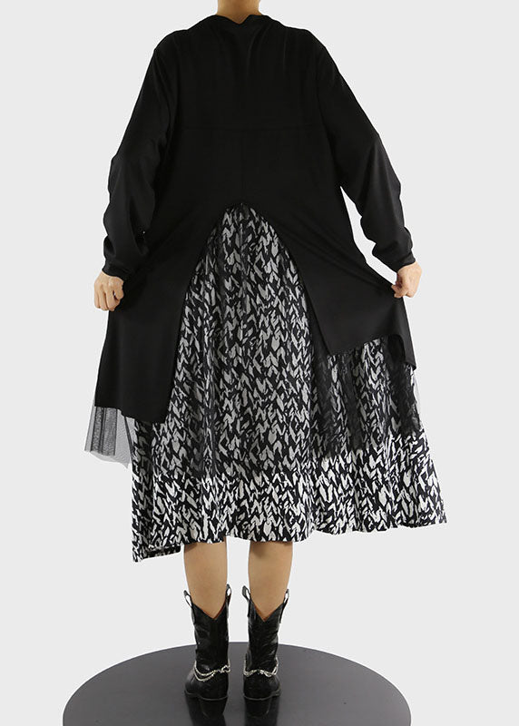 Italian Black O-neck Side Open Tulle Patchwork Dress Spring