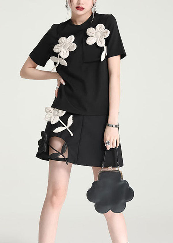 Original Design Black O-neck Patchwork Applique Cotton Tank Tops Short Sleeve