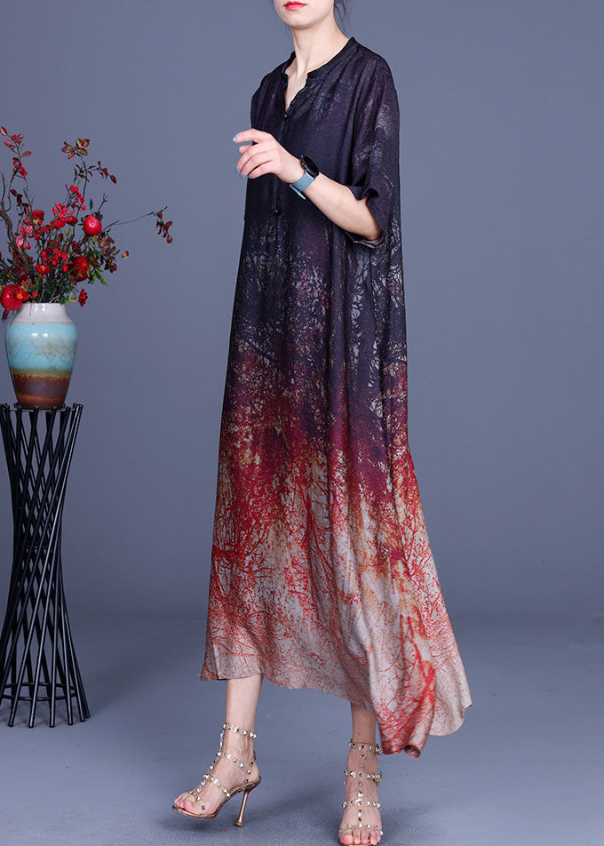 Chocolate V Neck Asymmetrical Design Print Fall Half Sleeve Dress