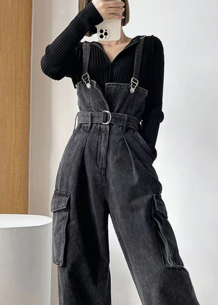 Black Tunic Pockets Denim Overalls Jumpsuit Summer