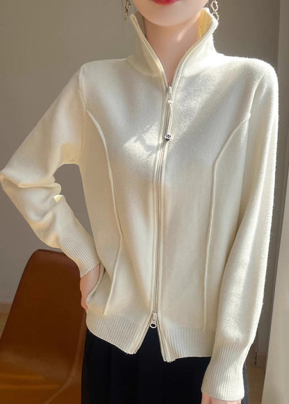Slim Fit White Stand Collar Zip Up Knit Coats Fall