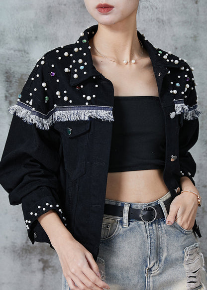 Black Tasseled Patchwork Nail Bead Denim Jacket Spring