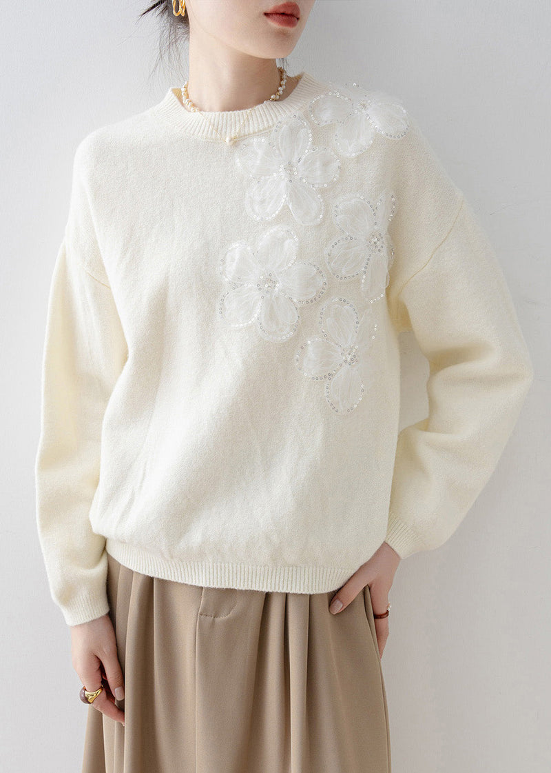 French White O Neck Sequins Knit Sweater Tops Spring