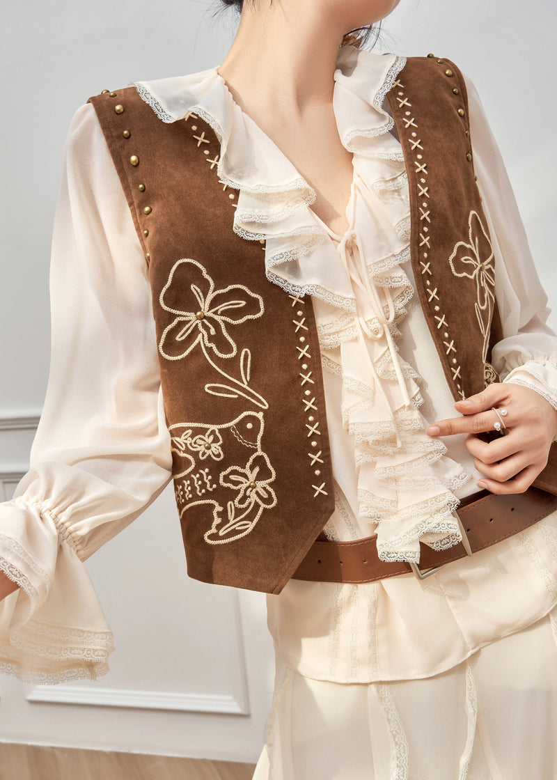 Ruffled Print Waistcoat and Chiffon Shirt Two Pieces Set Flare Sleeve