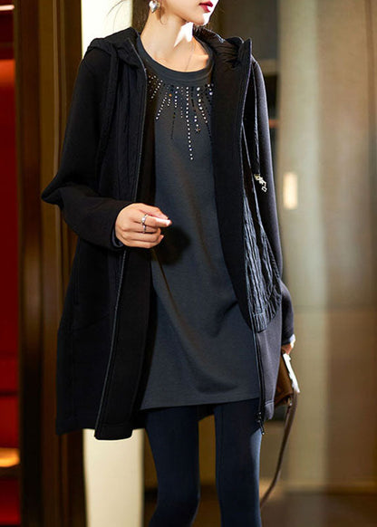 Black Zippered Patchwork Thick Hoodies Coats Fall