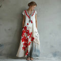 Women's Retro Red Spider Lily Cotton And Linen V-neck Dress artswardrobe