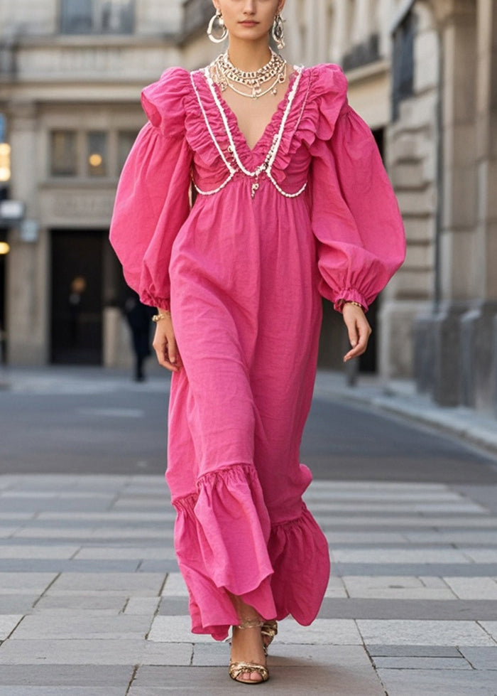 Rose Ruffled Nail Bead Cotton Vacation Dresses Fall